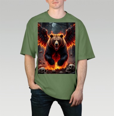 Могучий коронованный огненный медведь с крыльями / Fire Bear Wings, Футболка мужская оверсайз оливковая