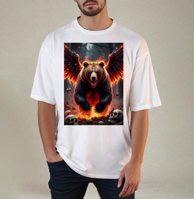 Могучий коронованный огненный медведь с крыльями / Fire Bear Wings, Футболка / Мужчинам / Оверсайз / Белая / C принтом