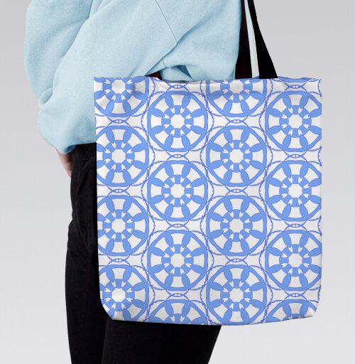 Blue Geometric Tile Pattern / Синий Геометрический Узор синий серый орнамент, Сумка с ручкой и внутренним карманом на молнии