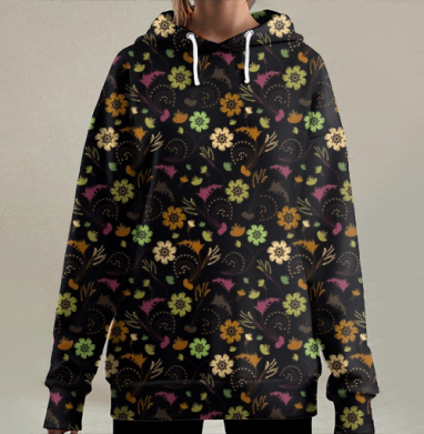 Изящный винтажный цветочный узор на черном Осенний Цветочный Сад, Hoodie Long Oversize 3D