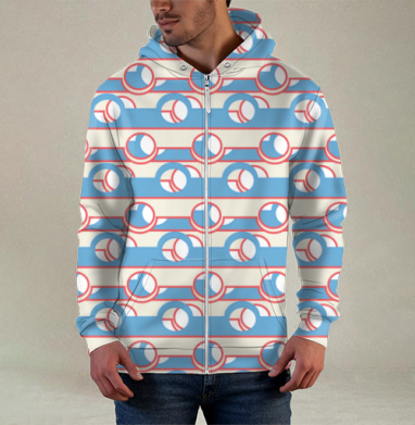 Blue Coral Geometric Stripe Pattern / Синий коралловый полосатый геометрический ретро орнамент, Толстовка мужская на молнии 3Д полная запечатка