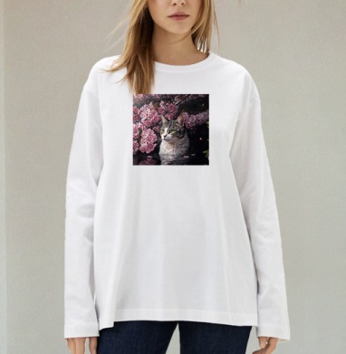 Cat in sakura – Полосатый кот среди розовых лепестков Кот сакура вишня, Футболка лонгслив женская белая
