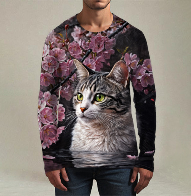 Cat in sakura – Полосатый кот среди розовых лепестков Кот сакура вишня - Магазин футболок AnnArtshock - Дизайнерские принты