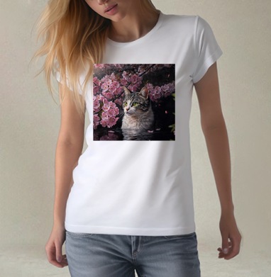 Cat in sakura – Полосатый кот среди розовых лепестков Кот сакура вишня, Футболка женская белая 180гр