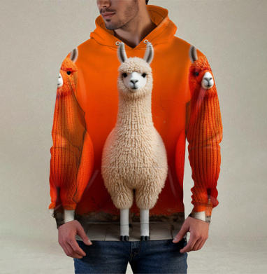 Llamas in orange sweaters / Ламы в ярких свитерах у оранжевой стены, Худи / Мужская / С карманом / 3D
