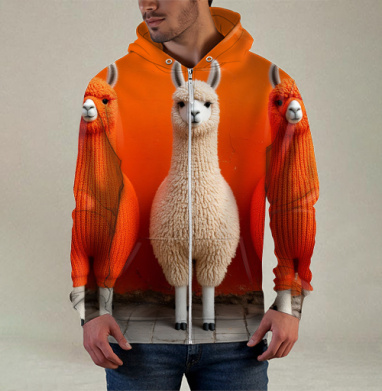 Llamas in orange sweaters / Ламы в ярких свитерах у оранжевой стены, Толстовка мужская на молнии 3Д полная запечатка