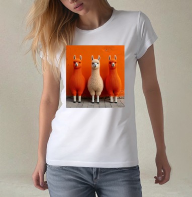 Llamas in orange sweaters / Ламы в ярких свитерах у оранжевой стены, Футболка женская белая 180гр