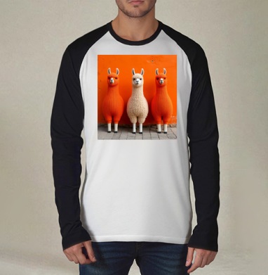 Llamas in orange sweaters / Ламы в ярких свитерах у оранжевой стены, Футболка длинный рукав / Мужчинам / Реглан / Принт