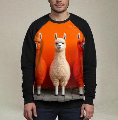 Llamas in orange sweaters / Ламы в ярких свитерах у оранжевой стены, Свитшот мужской 3D / хлопок
