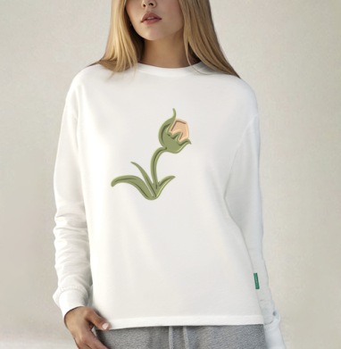 Зеленый объемный тюльпан на черном фоне / Stylized green tulip 3D, Футболка лонгслив женская белая