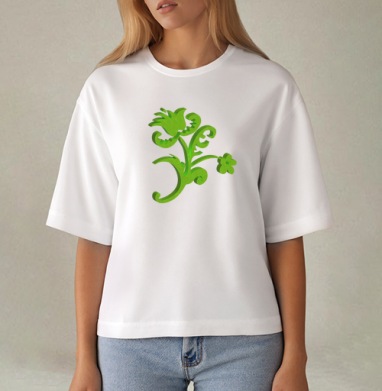Green 3D flower / Зеленый объемный цветок современном стиле фольклора, Футболка женская оверсайз Mido