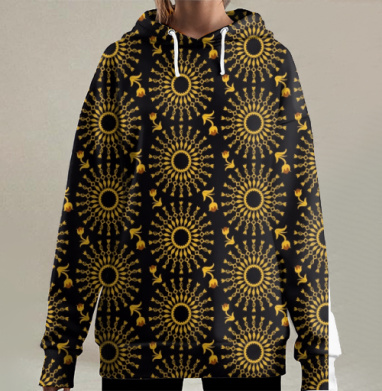 Золотые симметричные узоры на черном фоне, Hoodie Long Oversize 3D