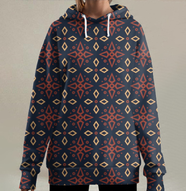 Геометрический орнамент с бордовыми ромбами в темно-синем фоне, Hoodie Long Oversize 3D
