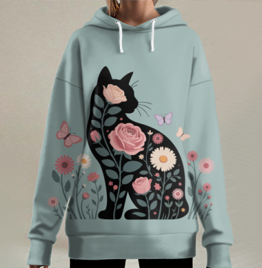 Силуэт кошки с цветами, Hoodie Long Oversize 3D