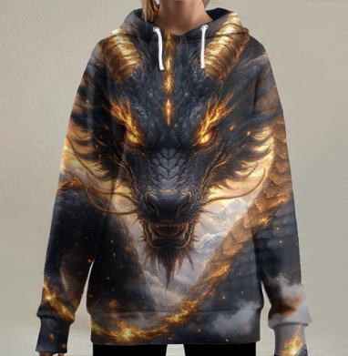 Огненный дракон в горах демонстрирует силу и мощь, Hoodie Long Oversize 3D