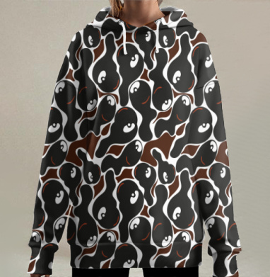 Повторяющийся орнамент с бассет хаундами в коричневом и черном, Hoodie Long Oversize 3D