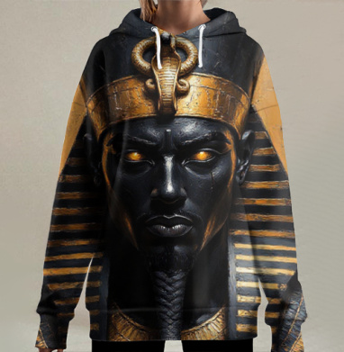 Могучий египетский фараон в черном и золотом главные символы власти, Hoodie Long Oversize 3D
