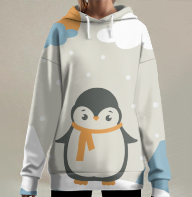 Пингвин с шарфом на снегу зимнее настроение текстиль, Hoodie Long Oversize 3D