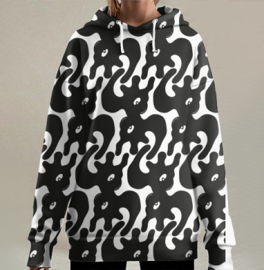 Черные осьминоги в узоре середины века, Hoodie Long Oversize 3D