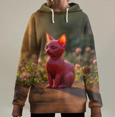 Необычный оранжевый кот на природе в саду, Hoodie Long Oversize 3D