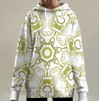 Мандала гармонии любви и единства в оливковой гамме, Hoodie Long Oversize 3D