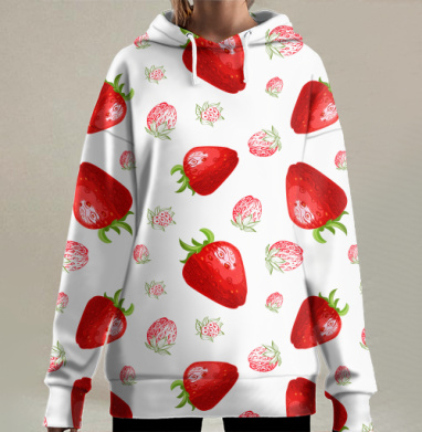 Свежие спелые красные клубники на белом фоне без ограничений, Hoodie Long Oversize 3D