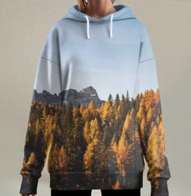 Осенний лес в горах с голубым небом, Hoodie Long Oversize 3D