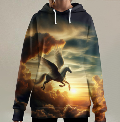 Пегас летит над закатом и облаками полёт мечты, Hoodie Long Oversize 3D