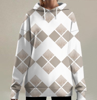 Геометрические узоры с текстурой в спокойных бежевых тонах на сером фоне, Hoodie Long Oversize 3D