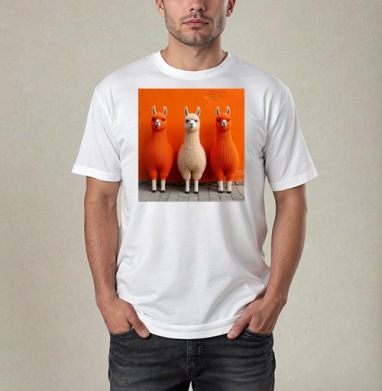 Llamas in orange sweaters / Ламы в ярких свитерах у оранжевой стены, Футболка / Мужчинам / Pure / Белая / C принтом