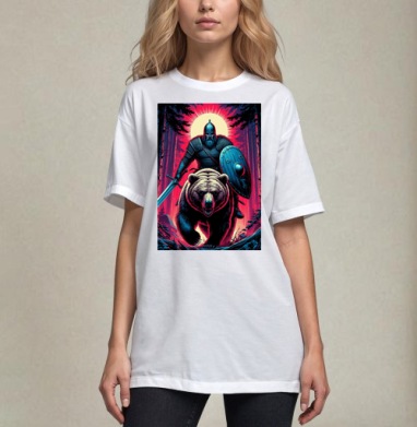 Viking Warrior Bear / Викинг на медведе в стиле ретроволна медведь воин фэнтези, Футболка / Унисекс / Оверсайз / Белая / C принтом