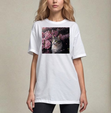 Cat in sakura – Полосатый кот среди розовых лепестков Кот сакура вишня, Футболка / Унисекс / Оверсайз / Белая / C принтом