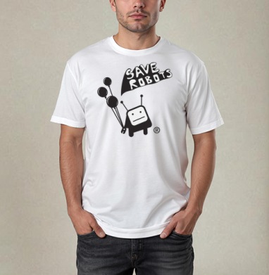 Маленький робот с шариками и надписью Спасите роботов, Футболка / Мужчинам / Pure / Белая / C принтом