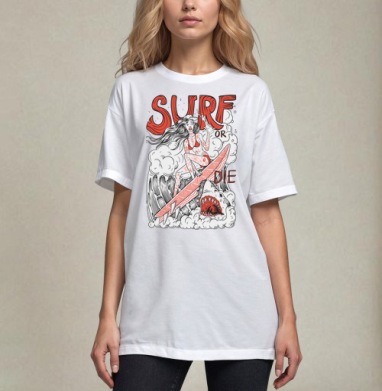 Девушка Серфер На Волне С Акулами Surf Or Die, Футболка / Унисекс / Оверсайз / Белая / C принтом