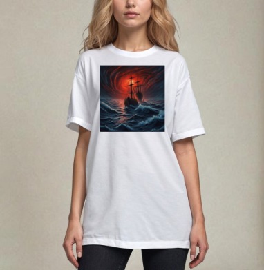 Морское плавание на волнах с красным небом – Свободное плавание, Футболка / Унисекс / Оверсайз / Белая / C принтом