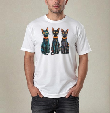 Три черных кота с оранжевыми глазами / Three Black Cats with Orange Eyes, Футболка / Мужчинам / Pure / Белая / C принтом