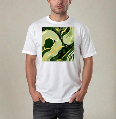 Золотые изгибы на зеленом анималистичном фоне / Golden curves on green animal background, Футболка / Мужчинам / Pure / Белая / C принтом