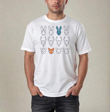 Синий и оранжевый персонажи среди серых лиц животных, Футболка / Мужчинам / Pure / Белая / C принтом