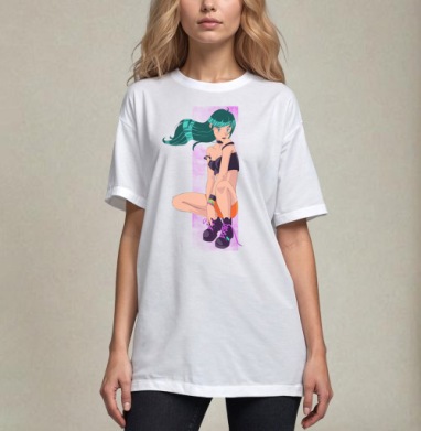 Аниме девушка молодёжный образ яркие цвета, Футболка / Унисекс / Оверсайз / Белая / C принтом