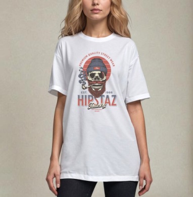 Череп хипстер с трубкой и бородой для одежды street wear, Футболка / Унисекс / Оверсайз / Белая / C принтом