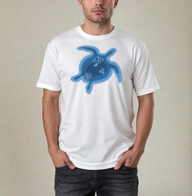 Голубая морская черепаха с рыбкой и кораллами Paper cut, Футболка / Мужчинам / Pure / Белая / C принтом