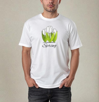 Белые тюльпаны и зелёные листья весна надпись Spring, Футболка / Мужчинам / Pure / Белая / C принтом