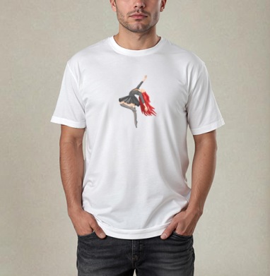 Танцующая девушка в черном красные волосы на сером фоне, Футболка / Мужчинам / Pure / Белая / C принтом