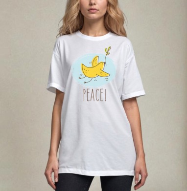 Банан-птица 'PEACE!' — символ мира и юмора, Футболка / Унисекс / Оверсайз / Белая / C принтом