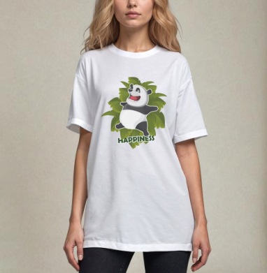 Радостная панда в прыжке / Joyful Panda HAPPINESS Счастье Радость, Футболка / Унисекс / Оверсайз / Белая / C принтом
