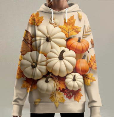 Осенние тыквы с листьями на фоне естественного освещения, Hoodie Long Oversize 3D
