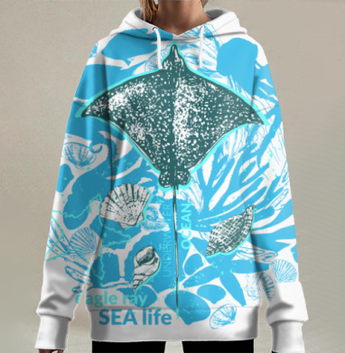 Хвостокрыл среди морских кораллов и раковин SEA life, Hoodie Long Oversize 3D