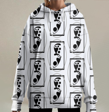 Абстрактный минимализм с черными формами на белом фоне, Hoodie Long Oversize 3D