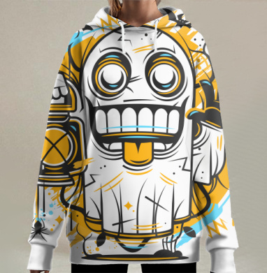 Весёлый призрак с фонарём в ночном окружении на сером фоне, Hoodie Long Oversize 3D