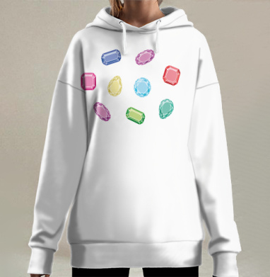 Цветные уникальные драгоценные камни на белом фоне, Hoodie Long Oversize 3D